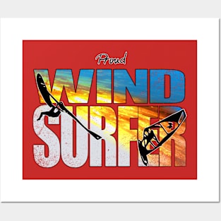 Proud Windsurfer Jumping Sunset Colors over Ocean Waves Posters and Art